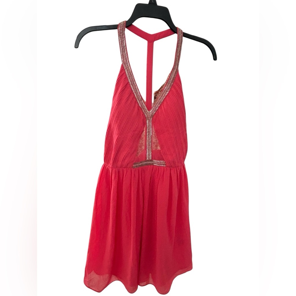 Red Halter Romper with Metallic Trim